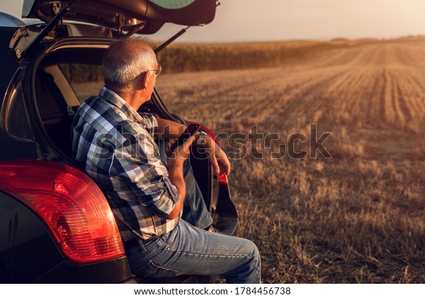 Senior farmer siting in car boot, watching wheat\
field after harvest at\
sunset.