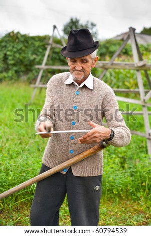 Senior farmer using scythe to mow the lawn traditionally