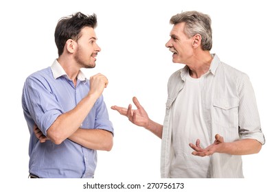 Senior Father With Adult Son Talking, Isolated White Background.