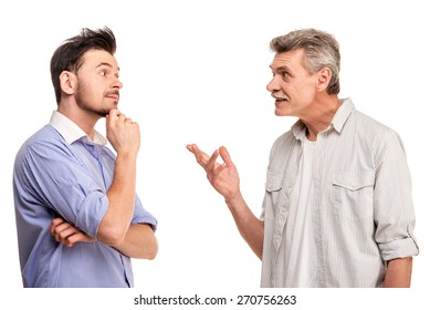 Senior Father With Adult Son Talking, Isolated White Background.