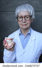 Senior Female Dentist Holding Denture Model