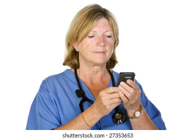 Senior Female Doctor Checking Pager On White Background