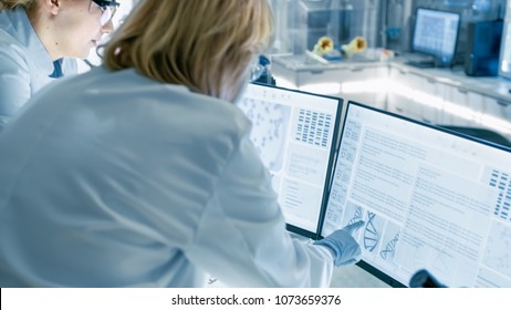 Senior Female Scientist Discusses Scientific Data with Her Laboratory Assistant. They're looking at Two Displays in a Modern Laboratory.