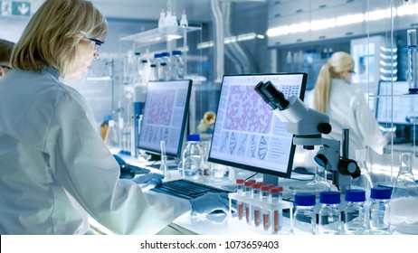 Senior Female Scientist Works With High Tech Equipment In A Modern Laboratory. Her Colleagues Are Working Beside Her.