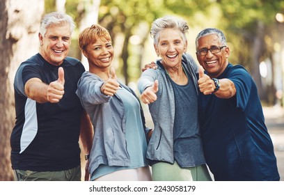 Senior fitness group, thumbs up and portrait with smile, diversity and happiness in park for wellness. Happy workout friends, retirement and hand gesture for motivation, teamwork and focus for health - Powered by Shutterstock