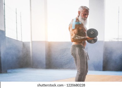 Senior Fitness Man Doing Biceps Curl Exercises Inside Old Gym - Fit Mature Male Training With Dumbbells In Wellness Club Center - Body Building And Sport Healthy Lifestyle Concept