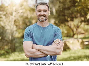 Senior, fitness and portrait of man with arms crossed in a park happy with workout, running or results. Exercise, face and elderly male runner smile in forest for training, workout or body challenge - Shutterstock ID 2364787091