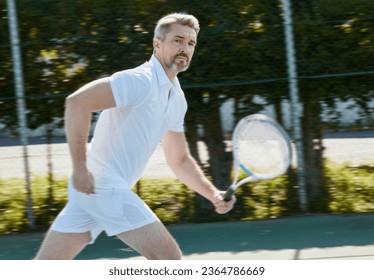 Senior, fitness and portrait of man at a court for tennis, training or outdoor cardio workout. Sports, face and elderly male athlete with racket game practice, exercise and club performance challenge - Shutterstock ID 2364786669
