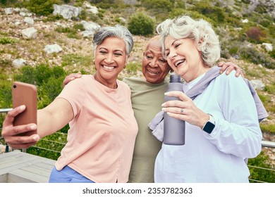 Senior friends, fitness or selfie of women on social media together for outdoor exercise in retirement. Photo, diversity or happy elderly people hiking to take pictures on break in training in park - Powered by Shutterstock