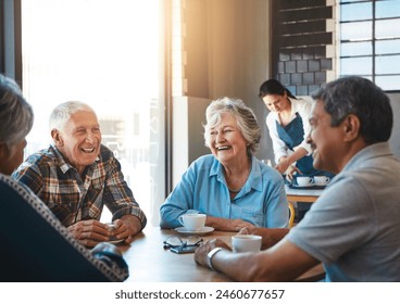 Senior, friends and group relax at cafe on holiday or reunion on vacation in retirement. Elderly, people and talking at coffee shop in city with latte, espresso and drink tea and chat in morning - Powered by Shutterstock