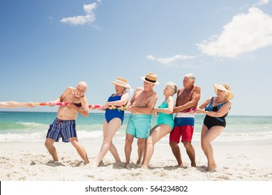 Senior friends playing tug of war on the beach - Powered by Shutterstock