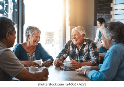 Senior, friends and relax at cafe on holiday or group reunion on vacation in retirement. Elderly, people and talking at coffee shop in city with latte, espresso and drink tea and chat in morning - Powered by Shutterstock