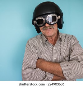 Senior Funny Man As A Pilot With Hat And Glasses