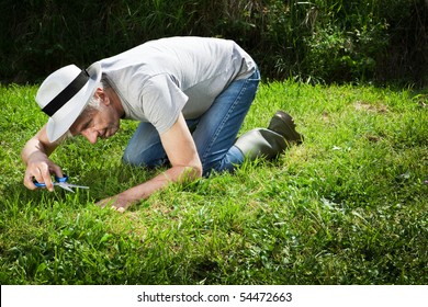 Senior gardener on his knees cutting grass with scissors.