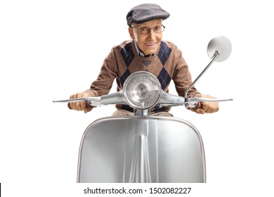 Senior Gentleman On A Silver Vintage Motorbike Isolated On White Background