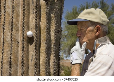 Senior Golfer Pondering A Bad Lie On A Summer Day In The Southwest USA.