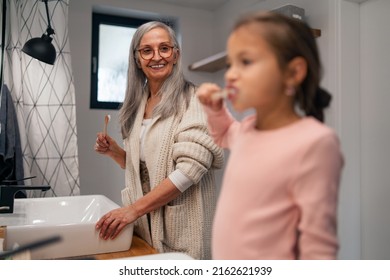Senior grandmother making a ponytail to her granddaughter indoors in bathroom in the morning. - Powered by Shutterstock