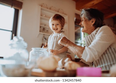 Senior grandmother with small toddler boy making cakes at home. - Powered by Shutterstock