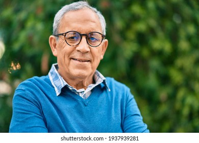 Senior Grey-haired Man Smiling Happy Standing At The City.