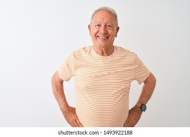 Senior grey-haired man wearing striped t-shirt standing over isolated white background with a happy and cool smile on face. Lucky person. - Powered by Shutterstock