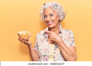 Senior Grey-haired Woman Holding Potato Chip Smiling Happy Pointing With Hand And Finger 