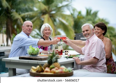 Senior Group Having A Toast During A Dinner On A Terrace