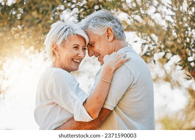 Senior happy couple, laughing or hug in nature garden for love, support or bonding retirement trust. Woman smile, relax or elderly man in embrace for relationship, connection and together in backyard - Powered by Shutterstock