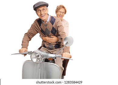 Senior Happy Couple Riding A Vintage Motorbike Isolated On White Background