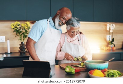 Senior, happy couple or tablet for cooking recipe method, dinner or guide in home or interracial marriage. Online tutorial, laughing or people with ingredients instruction, food or meal prep steps - Powered by Shutterstock