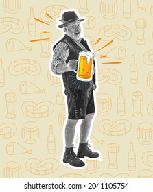 Senior happy smiling man with beer dressed in traditional Austrian or Bavarian costume holding mug of beer at pub or studio. Celebration, oktoberfest, festival. Germany, Bavaria, Upper Bavaria