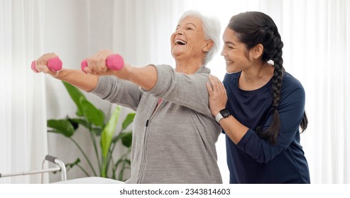 Senior happy woman, dumbbell or physiotherapist consultation, service and retirement support on recovery rehabilitation. Physiotherapy healing, arm exercise or person helping old patient with workout - Powered by Shutterstock