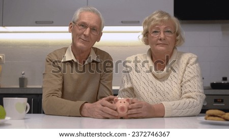 Senior husband and wife showing the piggy bank and looking at the camera, bank deposit and savings