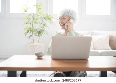 A senior Japanese woman in front of her computer making a telephone enquiry call. Positive image. Wide angle. - Powered by Shutterstock