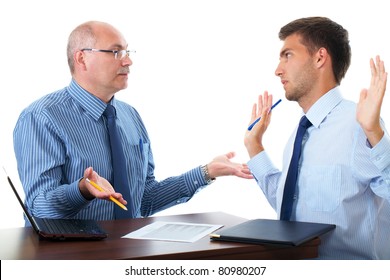 senior and junior businessman discuss something during their meeting, isolated on white
