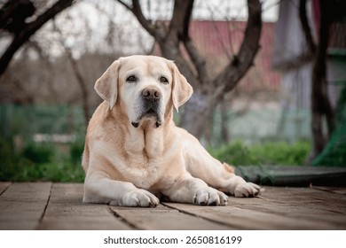 Senior labrador retriever dog is lying on wooden planks in a backyard garden, enjoying a moment of tranquility with peaceful expression