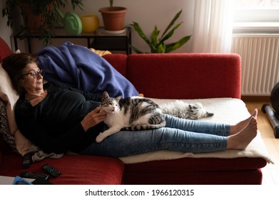 Senior lady in her 70s lying down on sofa with her pets - cat and dog in her lap. Elderly woman gently caress cat at home.  - Powered by Shutterstock