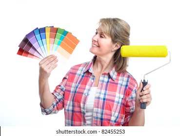 Senior Lady With Painting Tools. Over White Background.