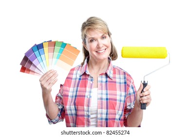 Senior Lady With Painting Tools. Over White Background.