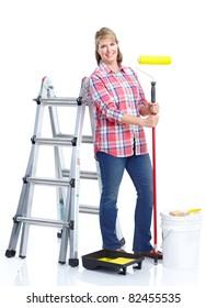 Senior Lady With Painting Tools. Over White Background.