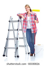 Senior Lady With Painting Tools. Over White Background.