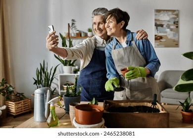 Senior lesbian couple smiling, taking selfie in picturesque place. - Powered by Shutterstock