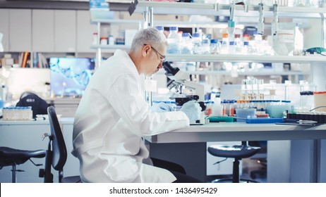 Senior Male Research Scientist is Working with Electron Microscope in a Modern High-Tech Laboratory. Genetics and Pharmaceutical Studies and Researches.