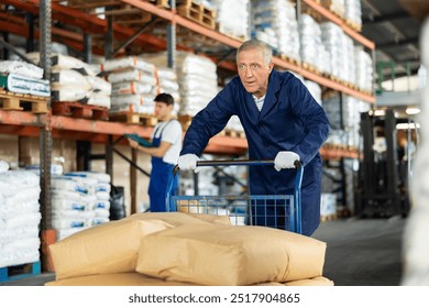 Senior male worker carries, pushes, cart for cargo transportation. Elderly man works as loader in rack area warehouse of construction materials - Powered by Shutterstock