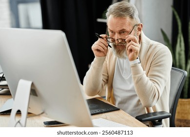 Senior man adjusts his glasses while focusing on tasks at a sleek workstation - Powered by Shutterstock