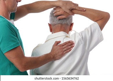 Senior man with back pain. Chiropractic pain relief therapy. Spine physical therapist and paient. - Powered by Shutterstock
