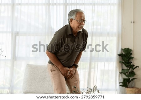 Senior man bladder problem urinary urgency urinary incontinence prostate health abdominal pain elderly male standing living room holding lower abdomen with discomfort and worry, concept