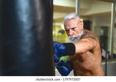 Senior man boxer training hard - Elderly male boxing in sport gym center club - Health fitness and sporty activity concept - Powered by Shutterstock