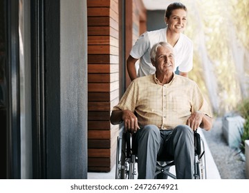 Senior, man and caregiver outside with wheelchair, wellness and person with a disability or healthcare service. Retirement, nursing home and support or professional nurse, happy and people together - Powered by Shutterstock