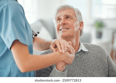 Senior man, caregiver and support for helping hand, assistance or health in nursing home for retirement. Elderly person, nurse and wellness for service in living room with patient, care or consulting - Powered by Shutterstock