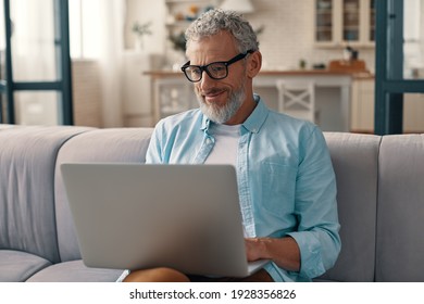 Senior man in casual clothing and eyeglasses using laptop and smiling while sitting on the sofa at home